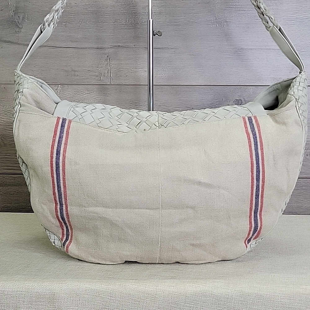 Claramonte Taupe Gray Canvas Leather Woven Slouch Shoulder Bag Hobo Handbag - Picture 4 of 13